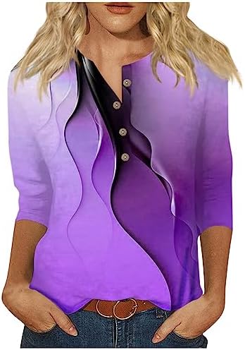 Women's Casual Loose Fit Camouflage Print Top 3/4 Sleeve Crew Neck T-Shirt for Everyday Wear