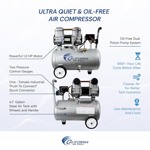 Image of California Air Tools CAT-4710W 1.0 HP Quiet and Oil-Free Air Compressor with Wheels, 4.7 Gallon Steel Tank, 75 dBA Noise Level, Lightweight