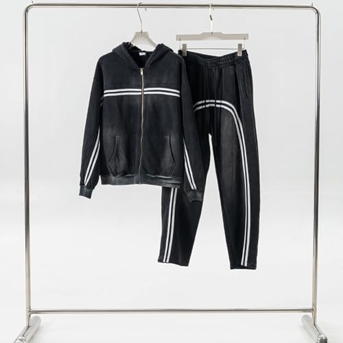 Mens Zip Up Hoodie Oversized Acid Wash Heavyweight Fleece Cotton Contrasting Stripe Zipper Hoodie Vintage4