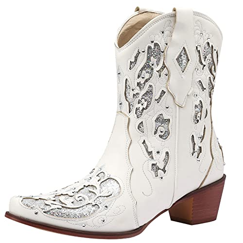 FIFSY Rhinestone Mid Calf Cowboy Boots Sequin Glitter Chunky Heel Booties Short Western Cowgirl Vintage Boots