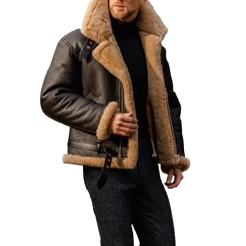 Mens Lapel Faux Fur Collar Thicken Bomber Overcoat Vintage Thicken Fuzzy Leather Jacket Winter Warm Coat