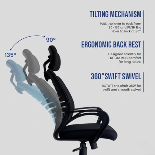 Image of Kepler Brooks Aspira Office Chair for Work, Ergonomic Office Chair, Computer Chair, Study Chair for Home, 2D Headrest, Tilt Lock Mechanism with Seat Height Adjustment, Heavy Duty Metal Base (Black)