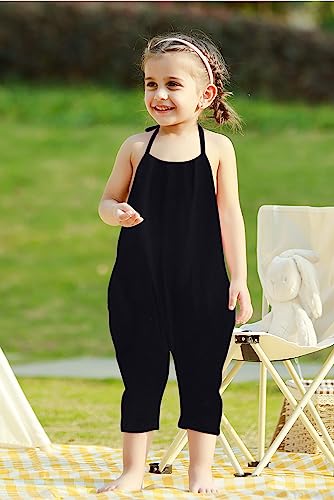 Raisevern Baby Girl Jumpsuit Halter Toddler Black Romper Summer Sleeveless Strap Plain Pants Newborn Jumpers Beach Hawaiian Overalls Clothes With Pocket 1-2T #TOP1
