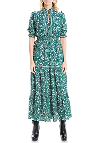 Max Studio Women's Elbow Length Sleeve Print Tiered Maxi Dress, Spruce/Ivory Large Scribble Daisy