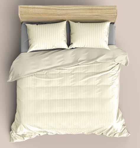 Image of 100% Cotton Bed Sheets for King Size Bed, 1 Bedsheet Super King Size Bed Cotton 112x108 Inch with 2 Pillow Covers | 300 TC Plain Bedsheets for King Size Bed Solid Stripes (Ivory)