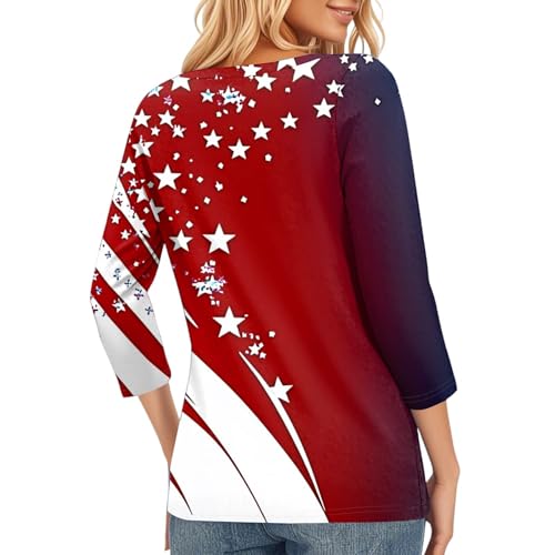 Image of 4th of July Shirts Women 3 /4 Length Sleeve Womens Tops Henley Neck Casual Patriotic T Shirts