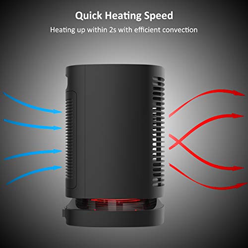 Veidoo 950W Portable Electric Oscillating PTC Ceramic Personal Space Heater with Overheating and Tip-Over Protection Quiet and Quick Heating up for Home and Office, Black - Thumbnail 7
