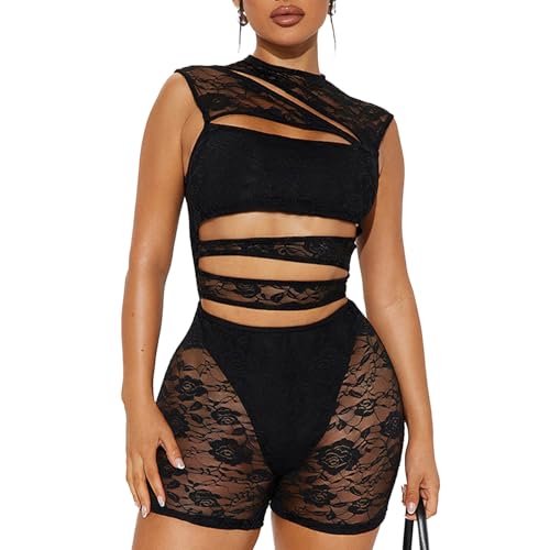 Ninejuize Mameluco de encaje para mujer, sin mangas, corto, malla hueca, disfraz de Halloween 2025, Negro, S
