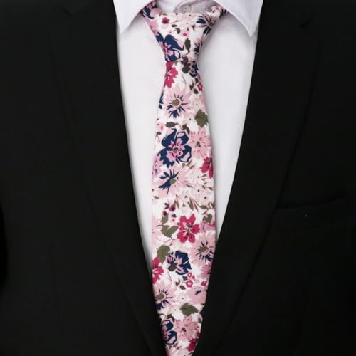 Image of Cotton Floral Ties for Men 2.76 inch Men's Skinny Tie Linen Flower Printed Neck Tie for Wedding Dating Party