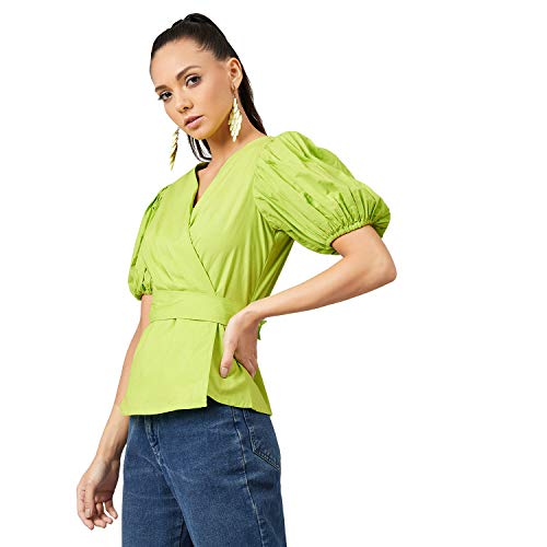 Image of ATHENA LIFESTYLE Lime Green Puff Sleeves Solid Casual Top