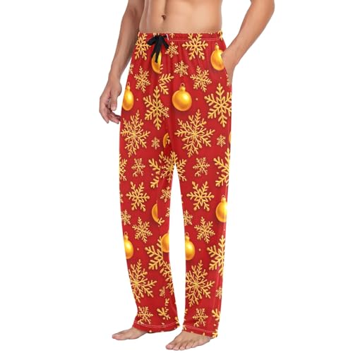 Men's Cotton Pajama Pants Pj Pants with Pockets Comfy Pajama Bottoms, Gold Snowflakes Christmas Red4