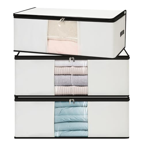 Cozary 3 Piezas 60L Bolsas Almacenaje Ropa, Cajas Almacenaje Ropa Plegable Debajo de la Cama con Ventana Transparente, Bolsas para Guardar, Caja Organizadoras Armario para Mantas, Juguetes