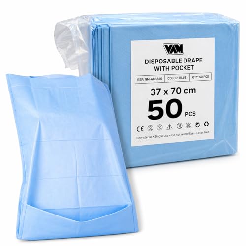 general merchandising Bavoir Jetable Adulte avec Poche – 50 Pièces Imperméable Haute Absorption Papier 18 g/m² + PE 10 g/m² 37×70 cm Bleu Sans Latex CE...