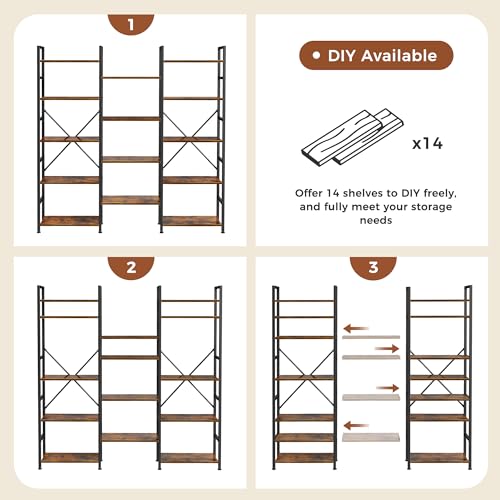Image of SUPERJARE Triple Bookshelf, Bookcase with 14 Open Display Shelves, Wide Book Shelf Book Case for Home & Office, 5 Tier, Brown