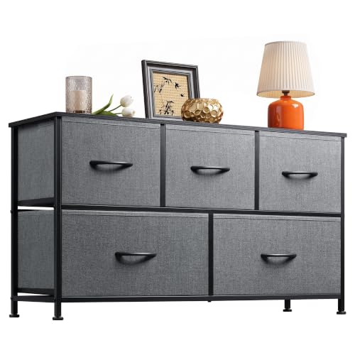 Image of WLIVE Dresser with 5 Drawers, Fabric Storage Tower, Organizer Unit for Bedroom, Hallway, Entryway, Closets, Sturdy Steel Frame, Wood Top, Easy Pull Handle
