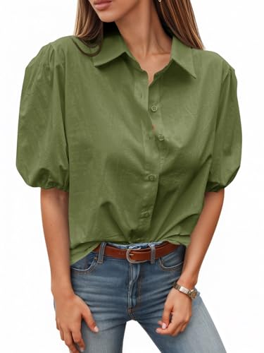 Image of Tankaneo Women's Button Down Shirts Short Puff Sleeve Collared Dressy Casual Blouse Tops