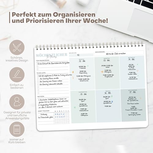Wochenplaner Block A4 ohne festes Datum, 50 Seiten Weekly Planner, Schreibtischunterlage mit To Do Liste, Spiral-Wochenkalender Wochen Planer mit Wochenübersicht&Habit-Tracker für Termine, Aufgaben