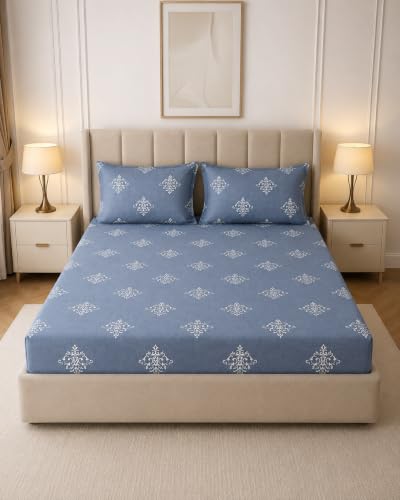 Image of RD TREND Premium Cloud Cotton Bedsheet for Double Bed King Size (78x72x8 Inch) with 2 Pillow Covers 18x28 Inch Floral Design | Teal Grey