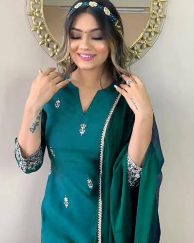 Image of Women Premium Collection Rayon Embroidered Straight Kurta Pant Dupatta Festive Ethnic Apparel Set