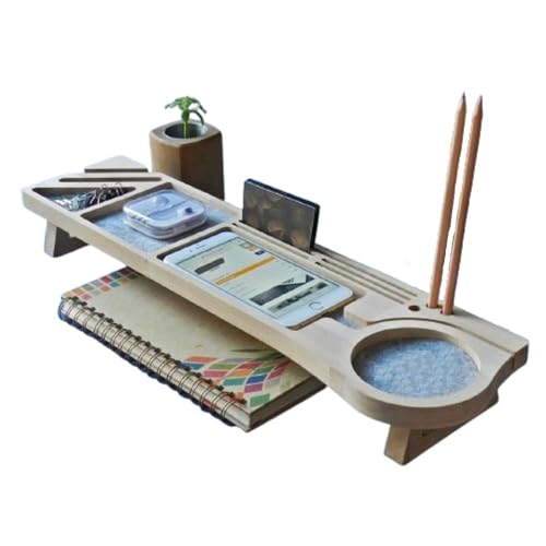 Image of Wooden Desk Organizer with Phone Stand, Multi-Compartment Stationery Holder, Natural Wood Finish (STYLE-2)