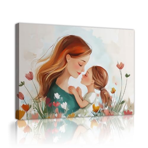 Mère et fille adorent l’art Illustration bohème imprimé sur toile Imprimé de la fête des mères Étreintes de maman Décoration murale pour la salle de jeux Décoration murale 76x101cm Cadre intérieur