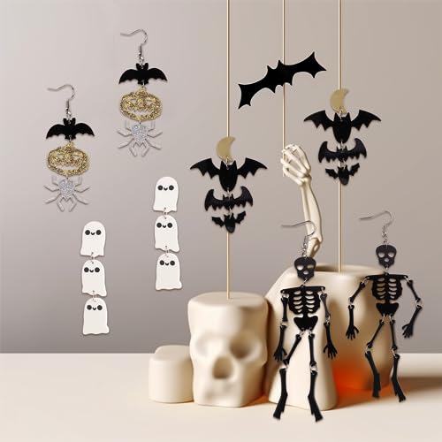 Halloween Earrings for Women Skull Skeleton Spooky Ghost Bat Pumpkin Spider Drop Dangle Earings Set, Sweet Cute Gothic Party Holiday Accessories Fashion Costume Acrylic Jewelry Gift2
