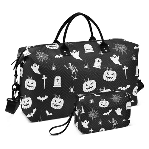 Halloween Pumpkin Spider Bat Travel Duffel Bag for Men Women with Makeup Bag Weekend Overnight Carry On Bags for Airline Travel Under Seat