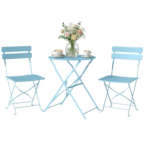 Outsunny 3 Piece Folding Bistro Set, Round Bistro Table and Chairs Set 2 with Electrophoresis Metal Frame, Small Outdoor Garden Furniture Conversation Sets for Patio, Balcony, Porch, Light Blue