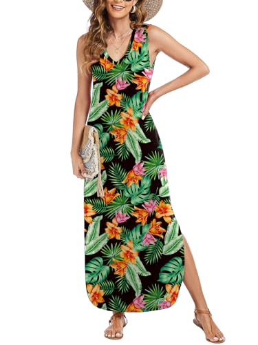 Image of Arolina Maxi Dress for Women Tropical Summer V Neck Sleeveless Split Long Beach Dresses Casual Loose Sundress with Pockets