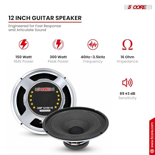Image of 5 CORE 12 Inch Guitar Speaker 300W Replacement 16 Ohm Amplifier Driver Voice Coil 2 Inch Y30 Magnet 40 Oz Very Loud Touch Sensitive Ideal Guitar Cabinet Speakers