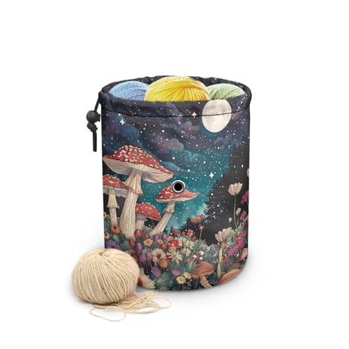 Image of Sellikakes Mushroom Floral Yarn Bag with Drawstring, Yarn Holder Crocheting Storage Basket Organizer Crochet Holder for Crocheting Project Store Skein Ball