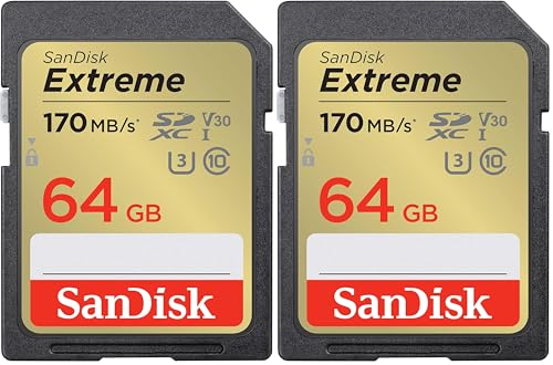 SanDisk Extreme SDXC UHS-I Speicherkarte 64 GB (V30, 170 MB/s Übertragung, U3, 4K UHD Videos, SanDisk QuickFlow-Technologie, wasserdicht, stoßfest, temperaturbeständig) (Packung mit 2)