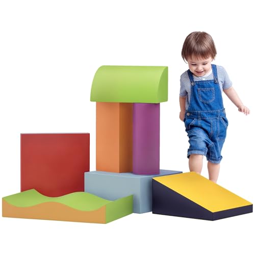 HOMCOM 7 TLG. Schaumstoff Bausteine Kinder Softbausteine Toben & Klettern Bauklötze Weiche Riesenbausteine Bauspielzeug Schaumstoffblöcke Bausteinset für Baby & Kleinkinder Schloss-Set Mehrfarbig