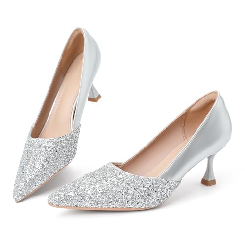 Silver Women's Kitten High Heels 2 Inch Sequin Pointed Toe Leather Pumps Comfortable Slip On Wedding Party Dress Stilettos Shoes Size 8.5