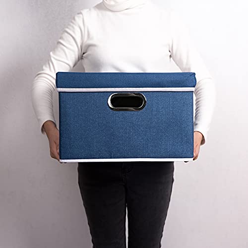 Image of PRANDOM Foldable Storage Bin with Lid [5-Pack] Linen Fabric Decorative Storage Box Organizer Container Basket Cube with Handles Divider for Closet Office Living Room Royal Blue(14.9x9.8x9.8)