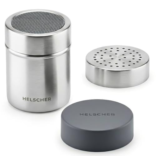 HELSCHER Puderzuckerstreuer Edelstahl mit dicht schließendem Silikondeckel 2-in-1 Feinsieb und Lochdeckel (2 5 mm) Kakaostreuer Mehlstreuer und Zimtstreuer zum Backen und für Cappuccino