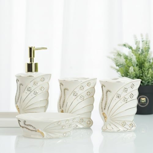 Image of Kookee Ceramic Bathroom Accessories Set of 4 - Soap Dispenser, Toothbrush Holder & Soap Dish | Modern Bath Set, Luxury Home Gift, White (12248)