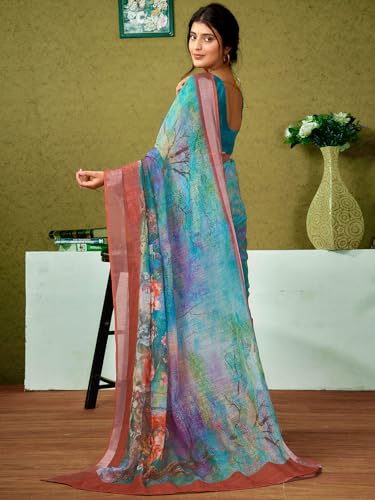 Image of Satrani Women's Linen Printed & Zari Border Ready To Wear One Minute Pre Pleated Readymade Saree with Unstitched Blouse Piece