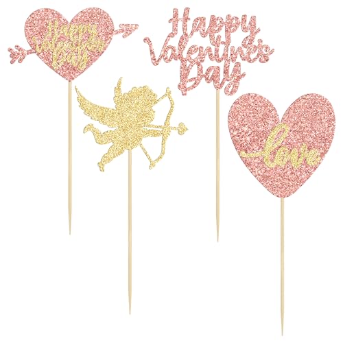 Gyufise 24 Pack Rose Gold Glitter Happy Valentine Day Cupcake Toppers Love Heart Cupcake Toppers for Valentine Theme Wedding Engagement Bridal Shower Party Cake Decorations - Image 3