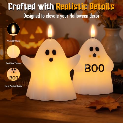 Image of Halloween Flameless Candles with Remote, Ghost Battery Operated Candles Wax | Flickering LED Fake Candle, Timer, Dimmer, Flickering Mode, Halloween Decor for Table, Fireplace, Home, Party, Festival