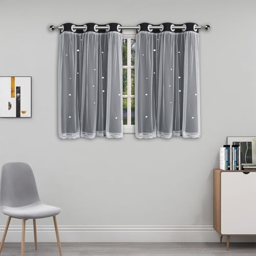 Image of Cute Blackout Curtains for Girls Bedroom Black 45 Inch Length Star Cutout | Double Layer Nursery Curtains & Drapes White Lace Sheer Overlay 2 Panel Kids Room Darkening Short Window Treatments Cortinas