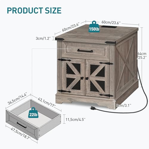 RALGEND Farmhouse End Table with Charging Station, 24\" Large Sofa Side Table with Drawer, Large End Table for Living Room, Wooden Nightstand with Outlet, Square, Greige