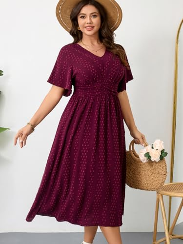 RWJ Women's Plus Size Maxi Dress V Neck Short Sleeve Swiss Dot A Line High Waist Flowy Casual Summer Dresses 20254
