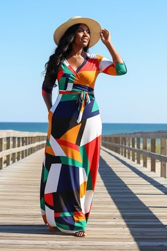 Image of FANDEE Plus Size Maxi Dress for Women Casual Summer Sundress V-Neck 3 /4 Sleeve