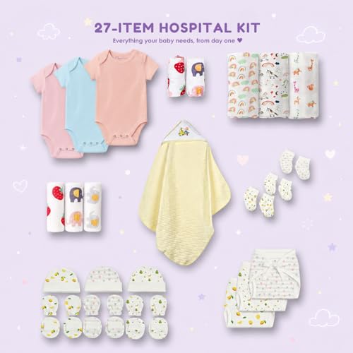 Image of MOM'S HOME Newborn Baby Gift Set (0-6 Months) | 27 Pieces Organic Cotton Essentials Kit | Hospital Bag, Muslin Clothing Set (Multicolor)