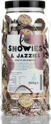 Just Treats Snowies & Jazzies Retro Sweets Gift Jar Milk & White Chocolate Discs with Colourful Sprinkles Vegetarian The Classic Sweet-Shop Mix Nostalgic Sweet Gift Made in the UK