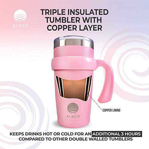 ALBOR Triple Insulated Stainless Steel Tumbler 20 oz Pink Coffee Travel Mug With Handle - Thumbnail 3