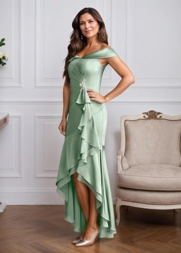 Eightale Satin Off Shoulder Mother of The Bride Dress Long Mermaid High Low Ruffle Formal Evening Party Gown3