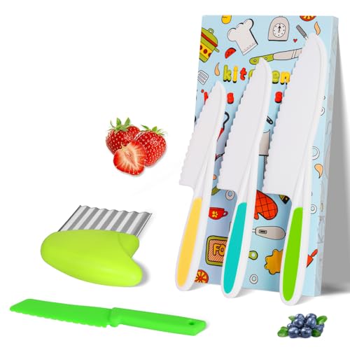 HOTUT Juego de Cuchillos de Cocina de Plástico,5pcs Juego de Cuchillos para Niños,Juego Cuchillos Cocina Niños para Cortar Frutas o Verduras,Cuchillo Seguro