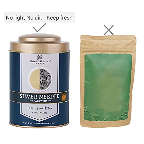 Taimei Teatime Premium Silver Needle White Tea(1.76Oz|50G) And White Peony Tea(1.47Oz|40G), Caffeine Low Organic Loose Leaf Tea From Fuding Fujian China #TOP6